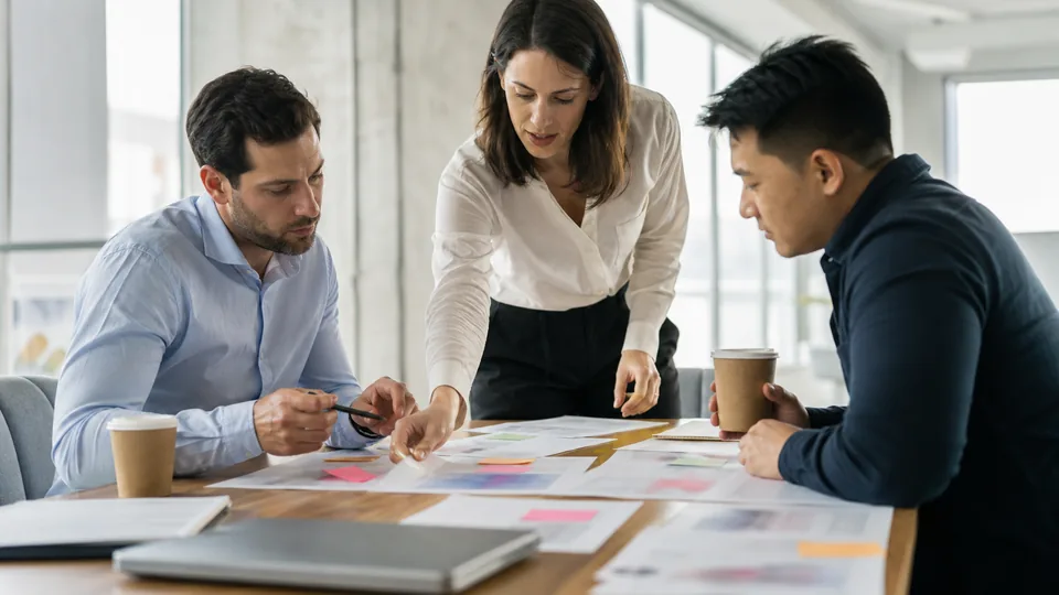 Project manager reviewing printed status report pages with two colleagues at a meeting table before a leadership review
