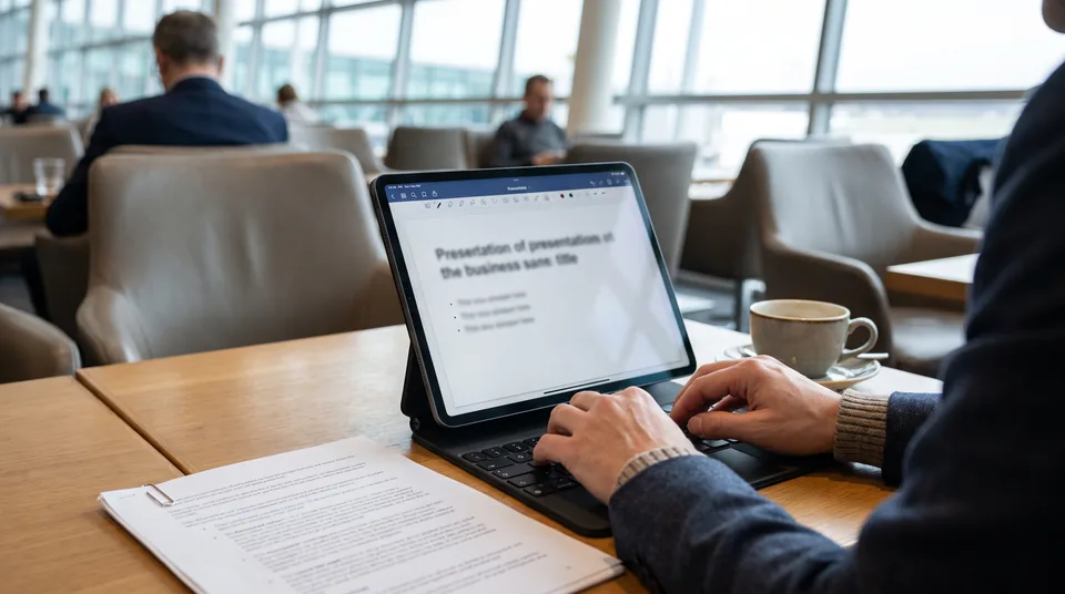 Consultant editing presentation slides on an iPad next to a printed PDF report