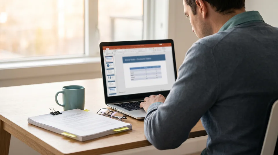 Analyst on a MacBook turning a printed PDF report into presentation slides